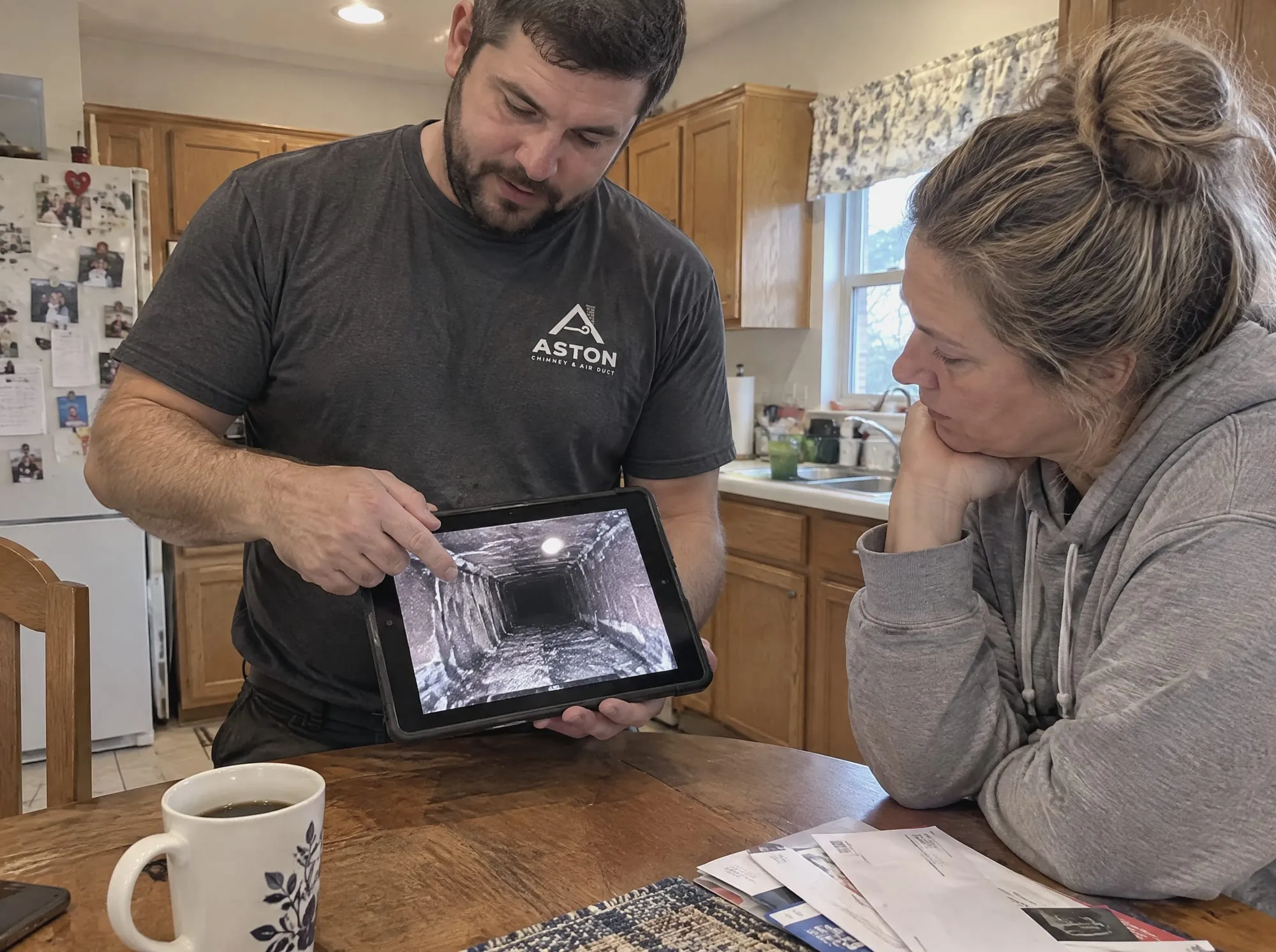 Technician showing a homeowner chimney camera footage on a tablet at the kitchen table