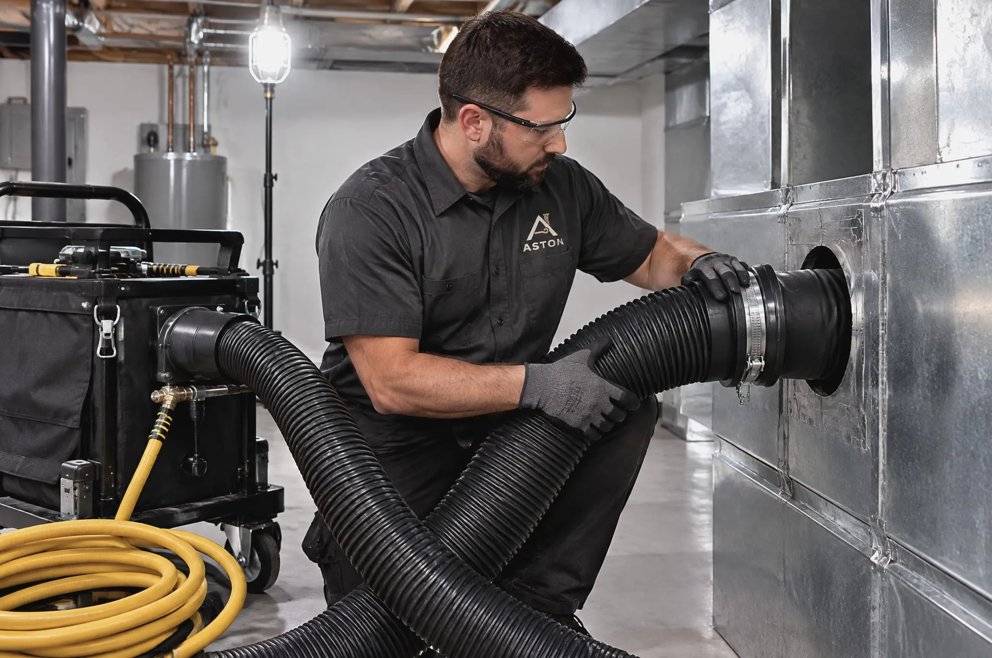 Technician connecting a duct cleaning collection hose to a basement trunk line