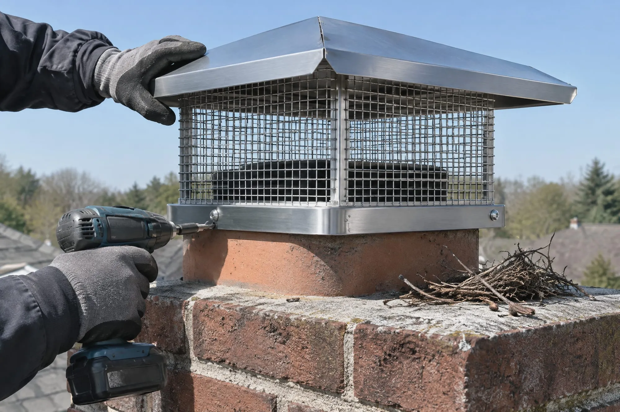 Stainless steel chimney cap with animal guard being installed