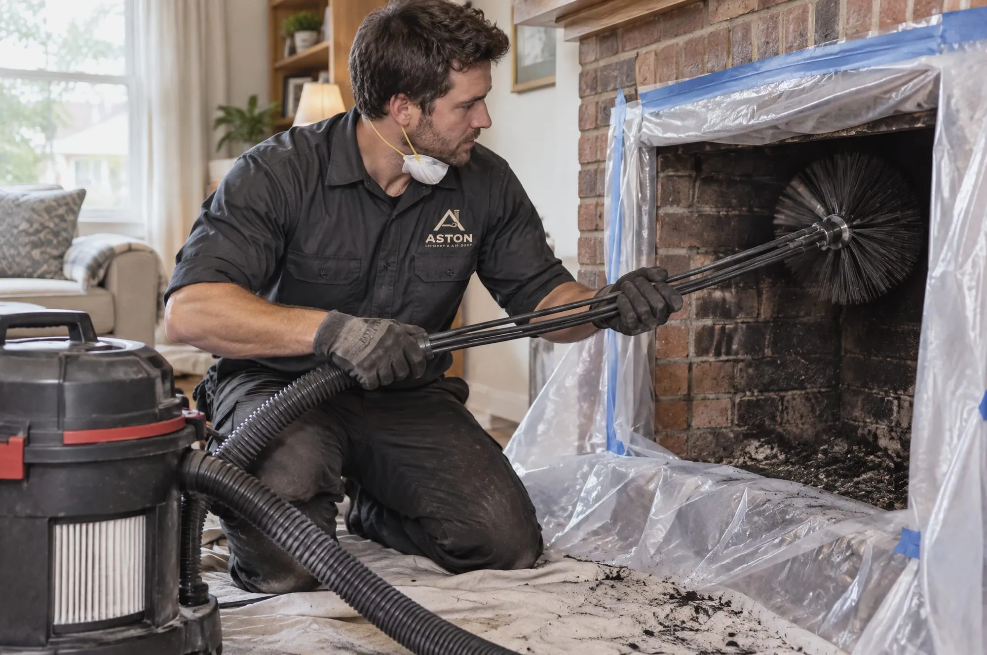 Chimney sweep cleaning a fireplace with a rotary brush and soot vacuum