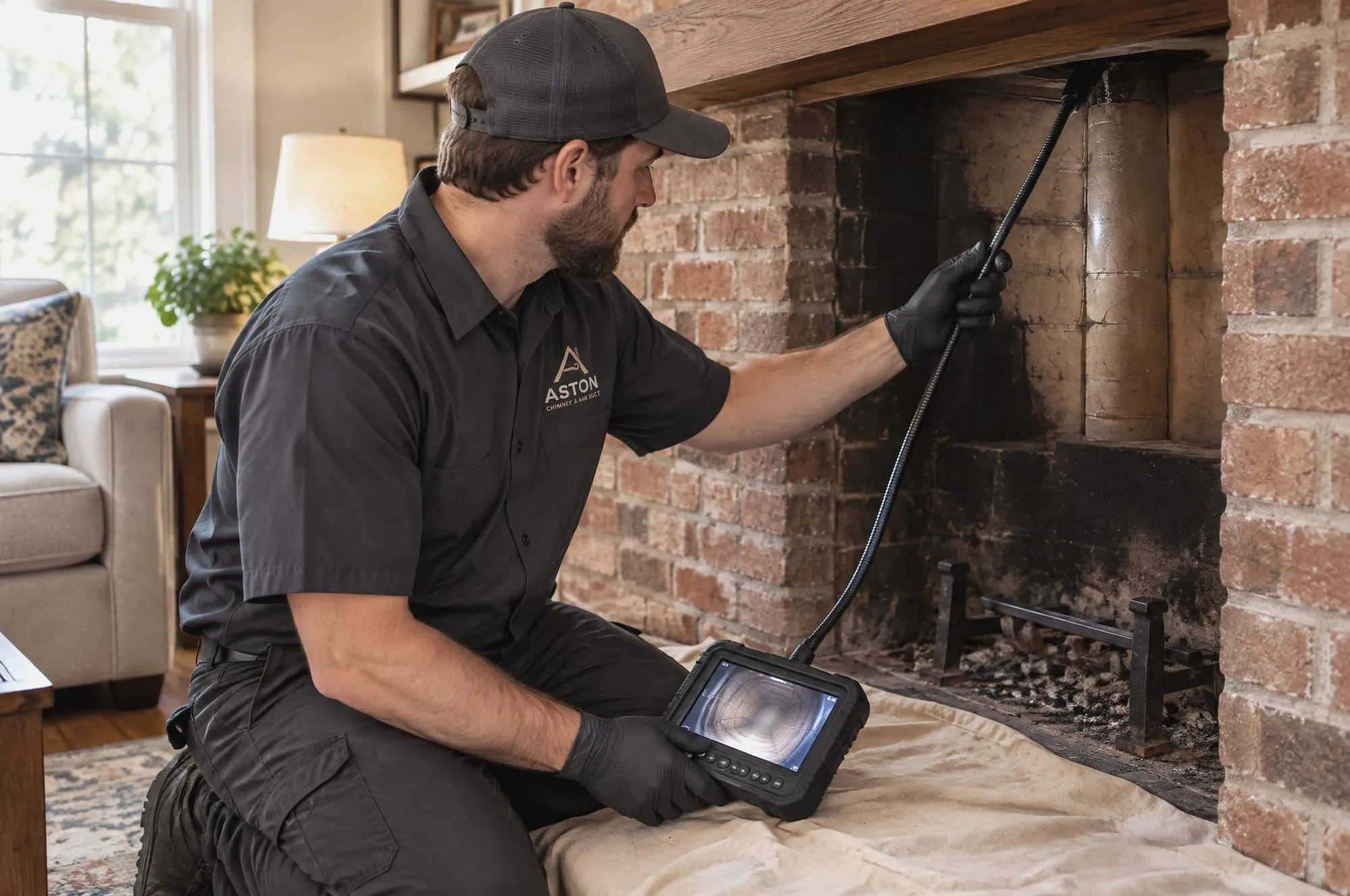 Technician running an inspection camera up a fireplace flue
