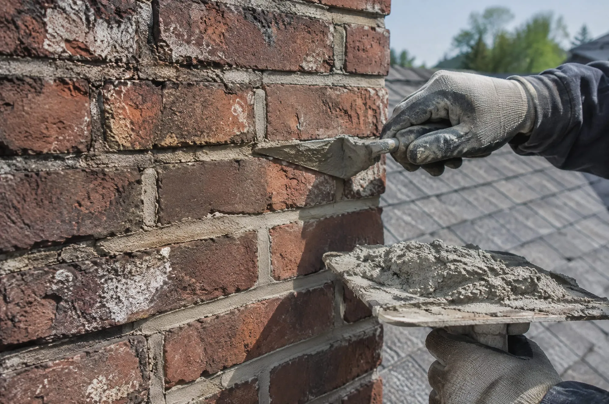 Mason repointing mortar joints on a brick chimney