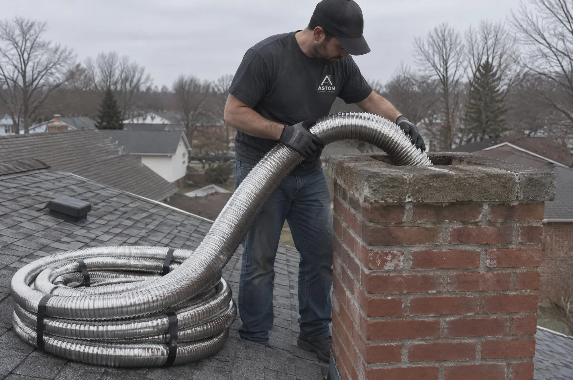 Technician feeding a stainless steel liner into a brick chimney