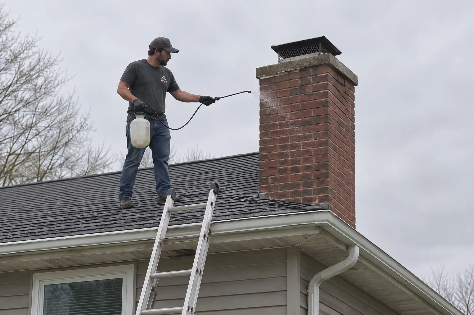 Technician on a roof spraying water repellent on a brick chimney