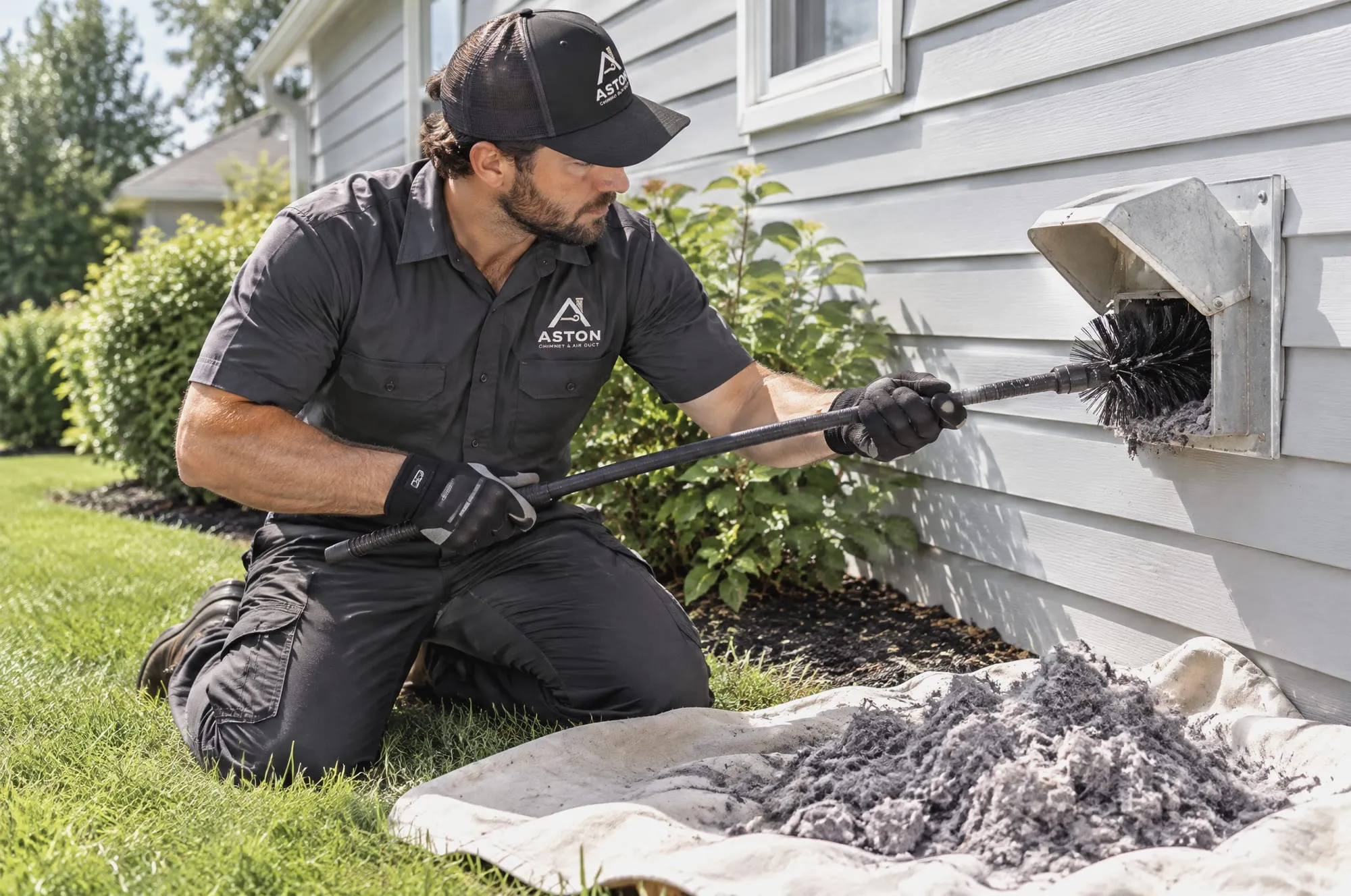 Technician cleaning an outside dryer vent with lint collected on a drop cloth