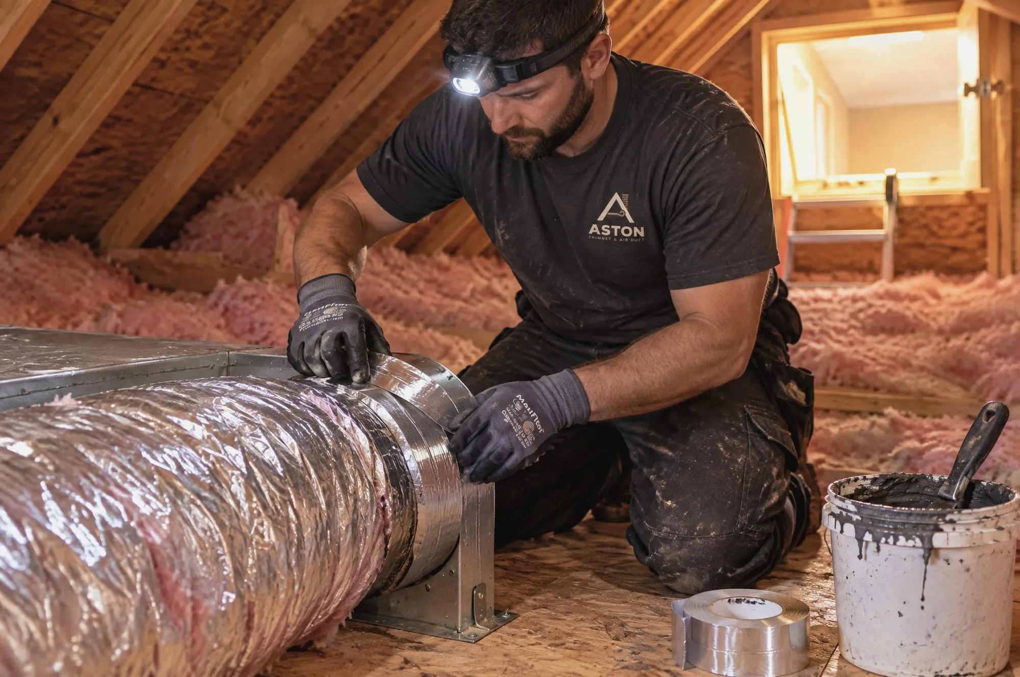 Technician sealing a flexible duct connection in an attic