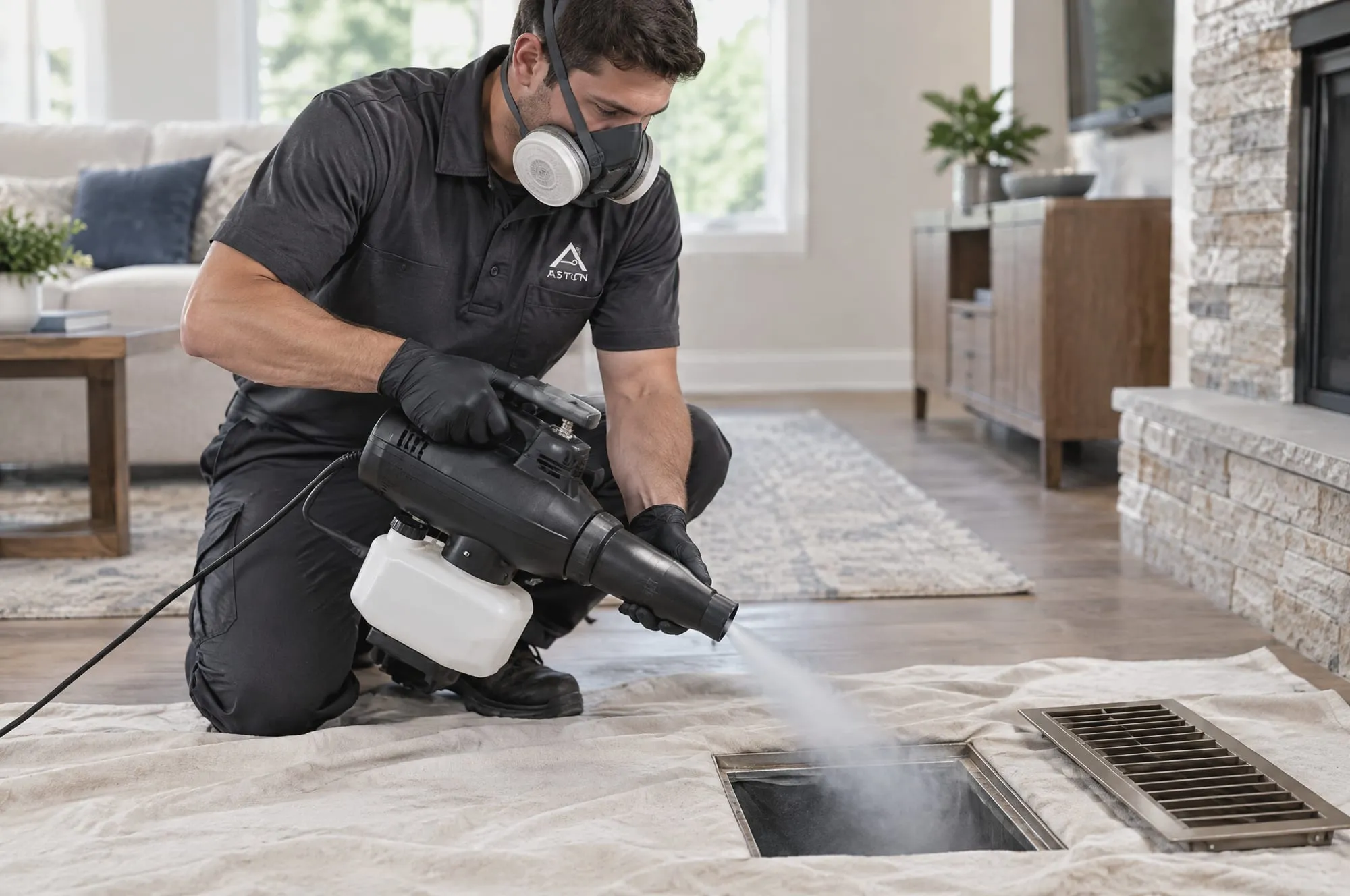 Technician applying a sanitizing treatment into a floor register