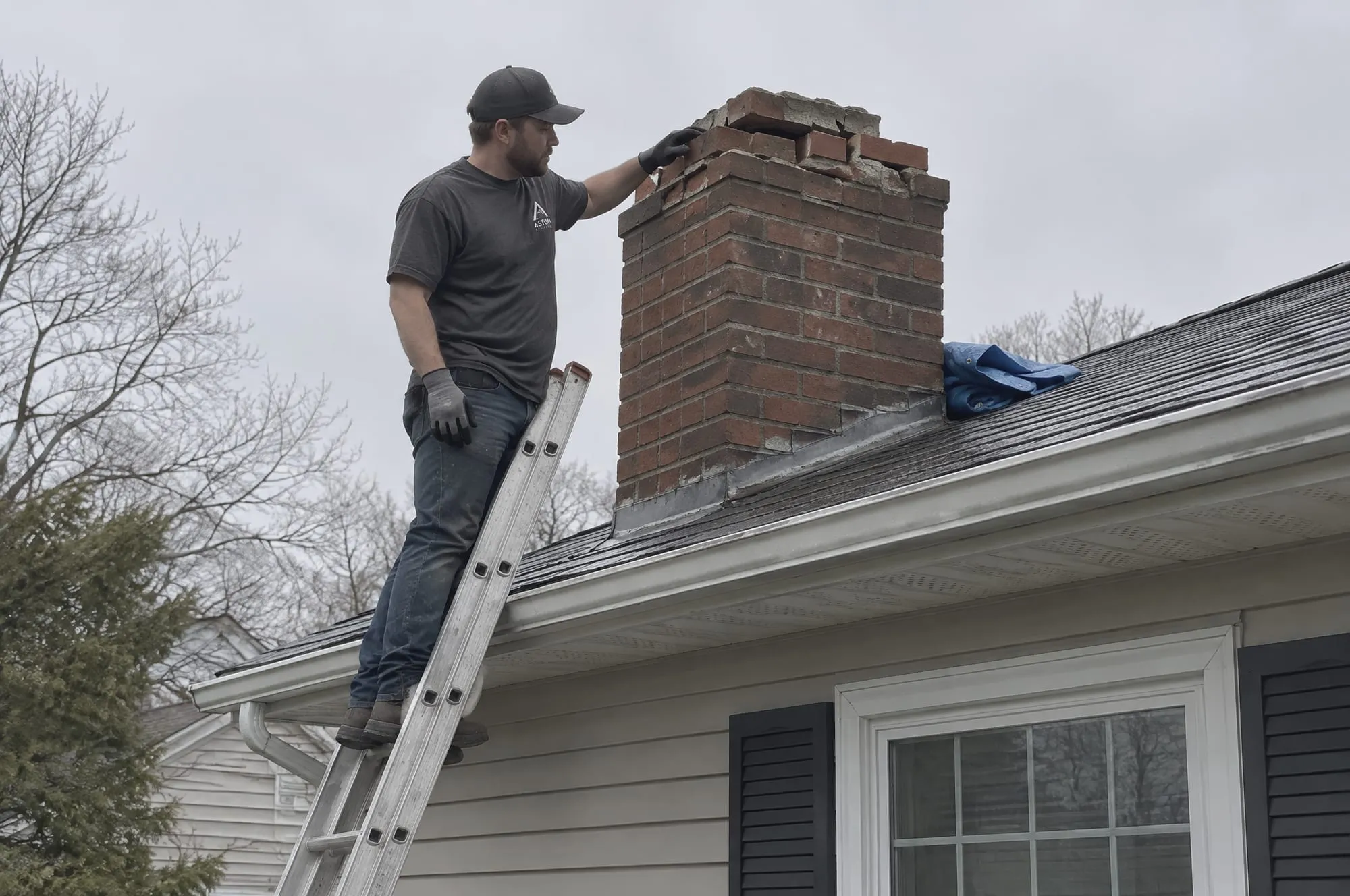 Technician on a ladder checking a storm-damaged chimney