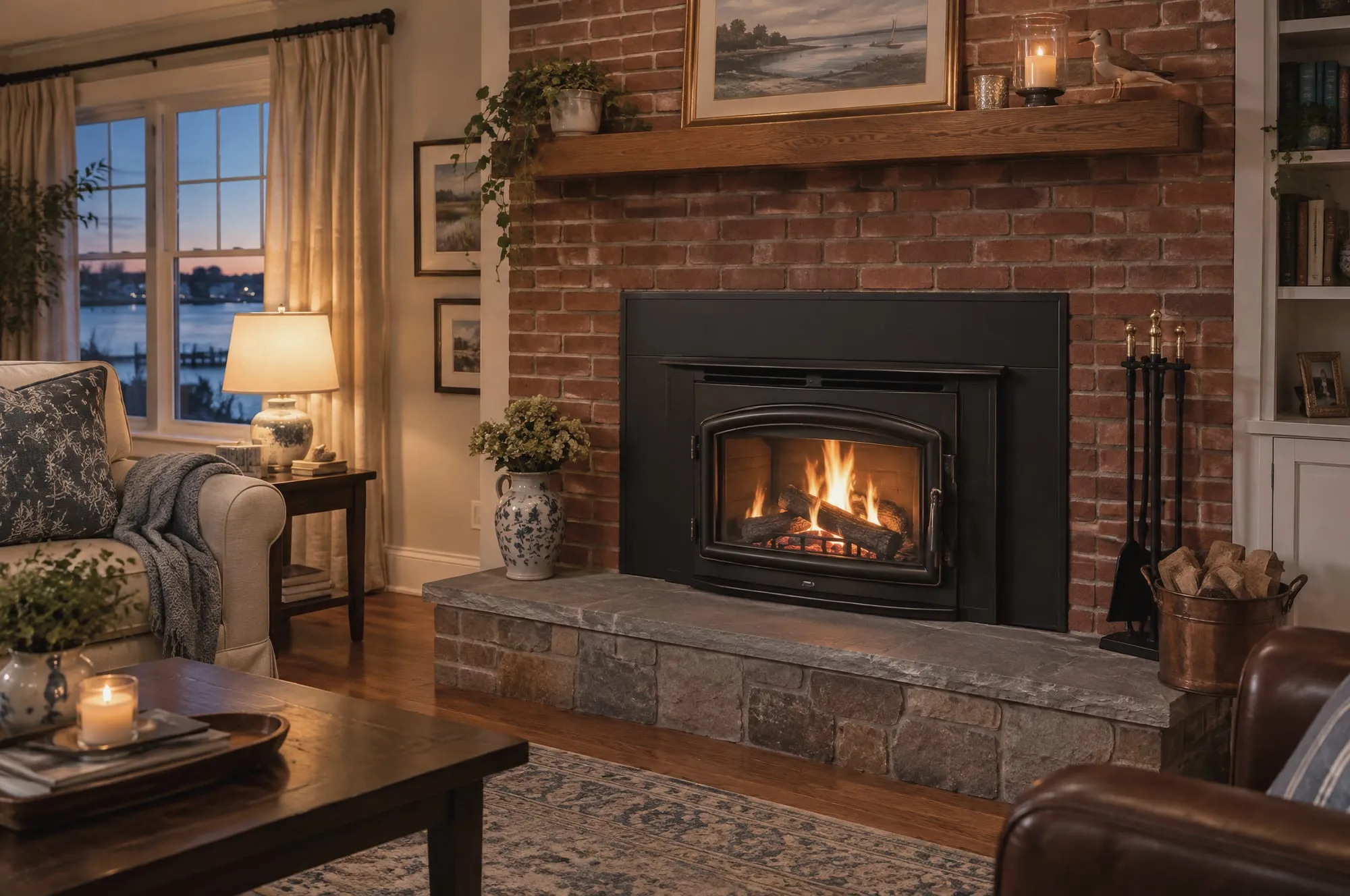 Wood stove insert installed in a brick fireplace