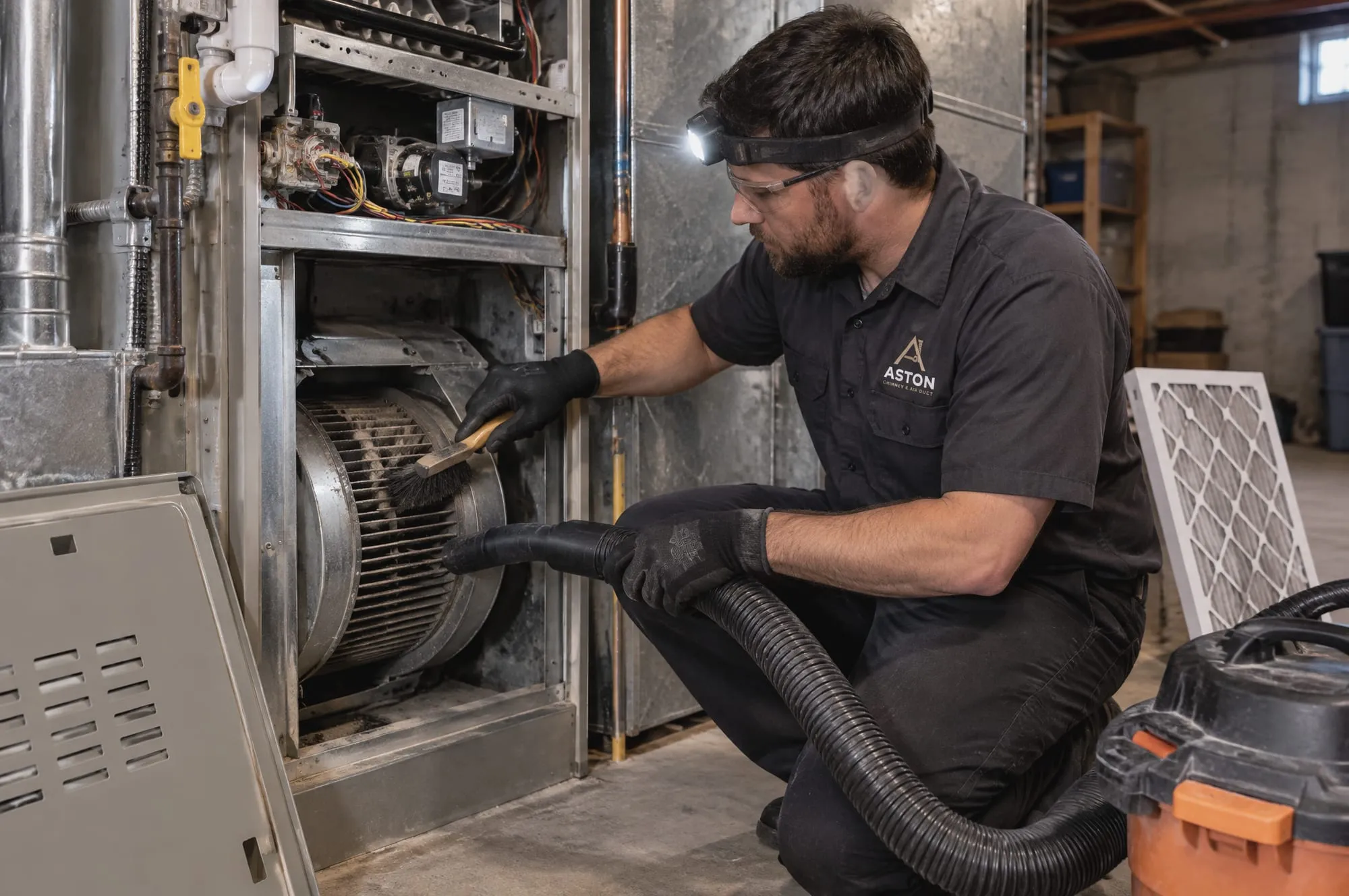 Technician cleaning the blower of a furnace