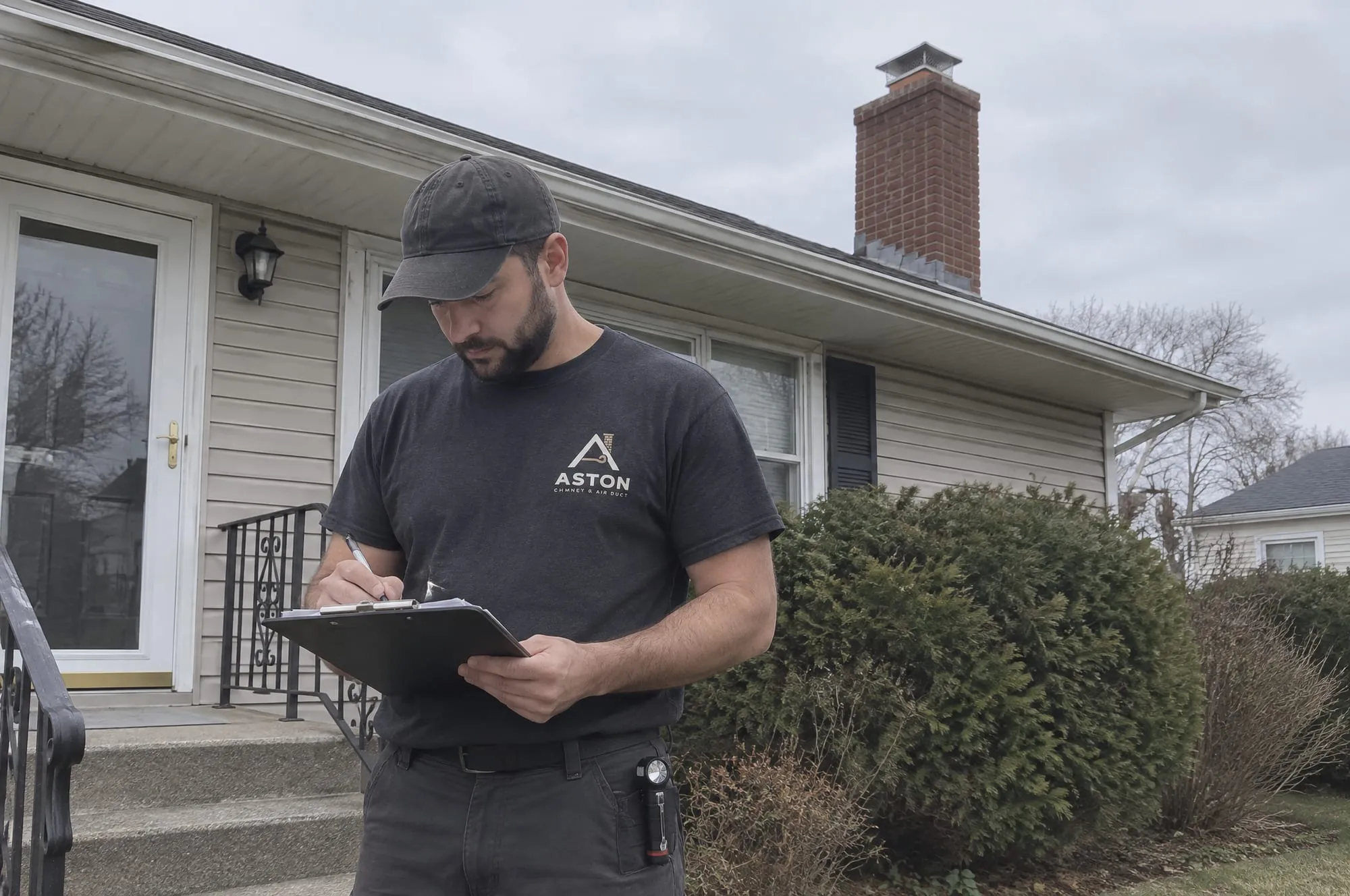 Technician writing a chimney inspection report on the front steps of a house