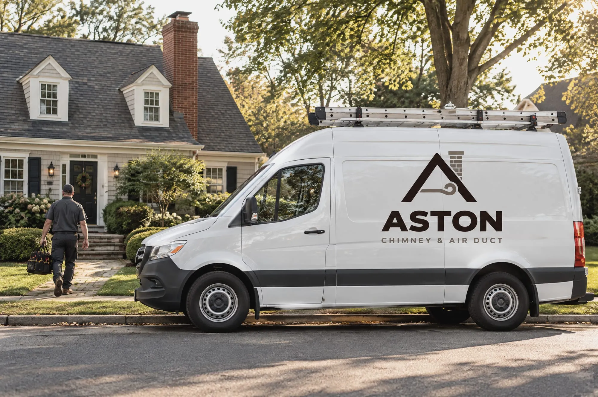 Aston Chimney & Air Duct service van parked outside a Long Island home